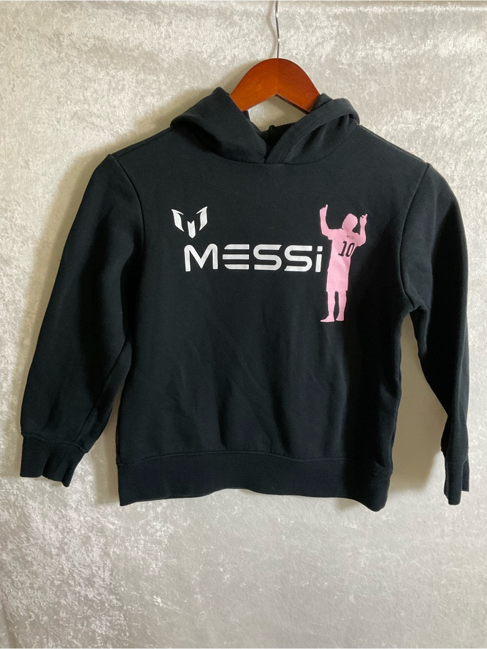 Kids' Messi Black Hoodie with Pink Player Graphic Soccer